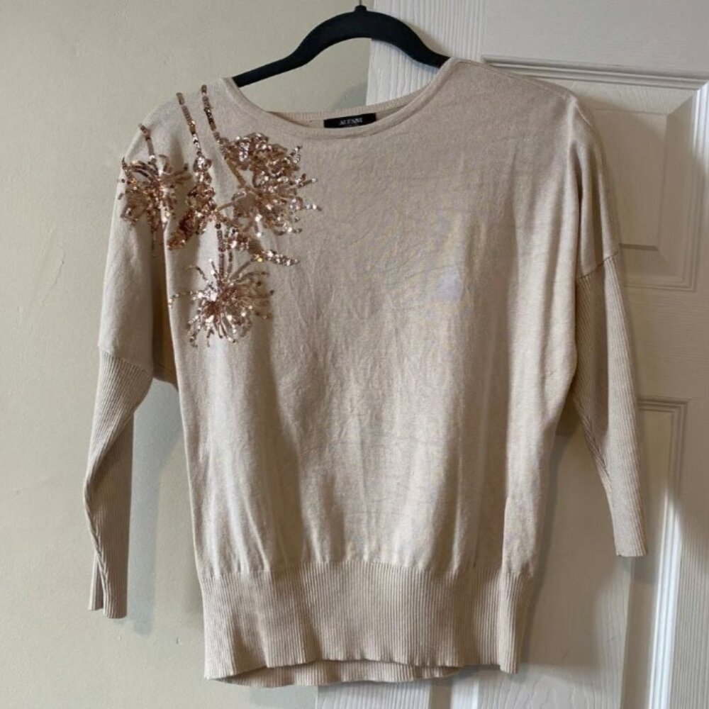 Alfani Sequin Embellished Dolman Sleeve Beige Knit Top sza PS petite small